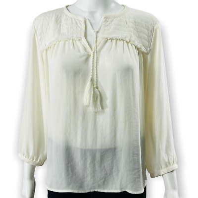 #ad LOFT Shirt Womens Size Medium PM Ivory Tassel Tie Long Sleeve Fringe Boho $8.98