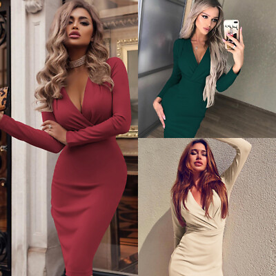 #ad Womens Bodycon Dress Dresses Long Sleeve Evening Party $15.99