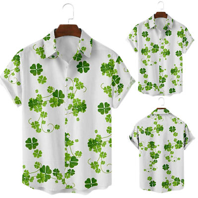 Men#x27;s Short Sleeve Hawaiian Shirts St. Patrick#x27;s Day Beach Party Leaf Print Tops $20.61