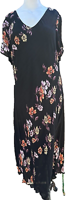 #ad Eva Blue Dress Womans Plus 20W Black Maxi Floral Short Sleeve Embellished Vneck $20.00
