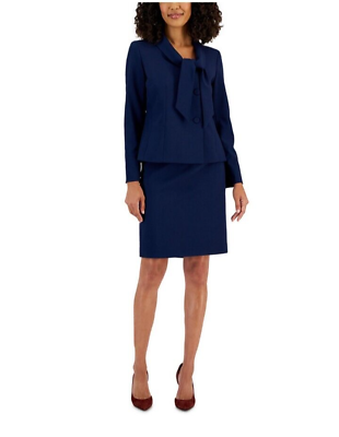 #ad Le Suit Women#x27;s Blue 2 Piece Bow Tie Collar Seamed Skirt Suit Size 14 P *NWT* $49.99