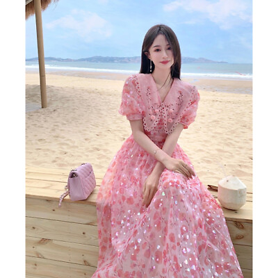 #ad WomensFrench Pink Dress Summer 2023 High Endchic Beautiful Floral Beach Dresses $99.05