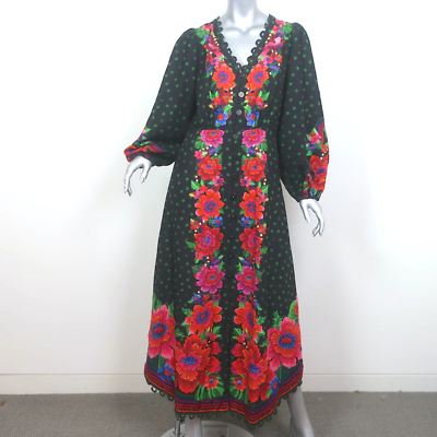 #ad FARM Rio Blooming Garden Long Sleeve Maxi Dress Black Linen Blend Size Medium $175.00