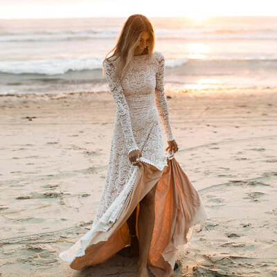 Lace Boho Long Sleeve Side Slit Backless Beach Bridal gown Wedding Dress AU $399.99