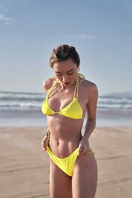 #ad Yellow Bikini Set Top and Bottom Gold Braided Ties $20.00