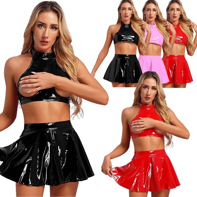 #ad #ad US Women#x27;s Patent Leather O Ring Halter Crop Top with Mini Skirt Sets Nightclub $16.09