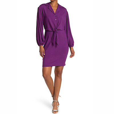 Calvin Klein Size 16 Plus Long Sleeve Purple Tie Front Dress Button Stretch B54 $60.00