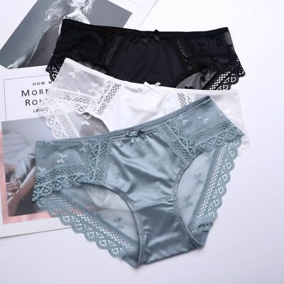 3pcs Womens Satin Panties Luxury Sheer Bikinis Lace Knickers Cute Underwear M $14.24