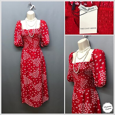 NEW The East Order Red Ditsy Floral Off Shoulder Boho Dress Large Side Slits GBP 39.95