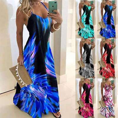 #ad Boho Printed Party Summer Beach Sundress Long Maxi Dress Ladies Strap Women $17.45