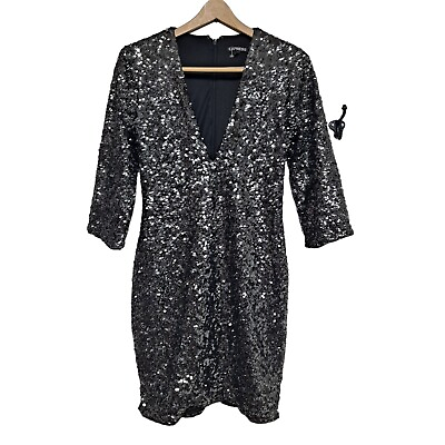 #ad Express Dress Women 8 Silver Sequin Flashy Party Mini Plunge Neck NYE Night Club $34.99