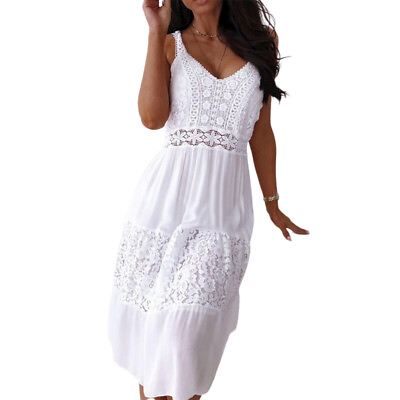 Womens Boho Lace V Neck Midi Dress Ladies Summer Holiday Beach Vest Sundress US $22.22
