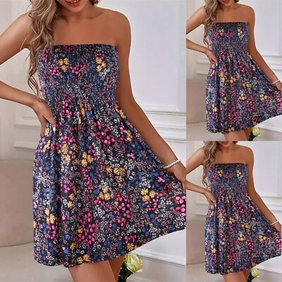 #ad Women#x27;s Boho Floral Bandeau Mini Dress Summer Beach Sleeveless Swing Sundress US $20.29