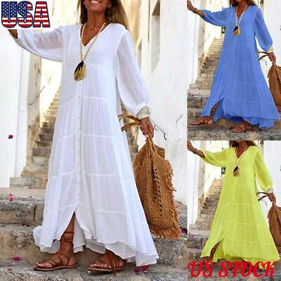 Womens Cotton Linen Boho Maxi Dress Ladies Long Sleeve Loose Smock Sundress US $8.45