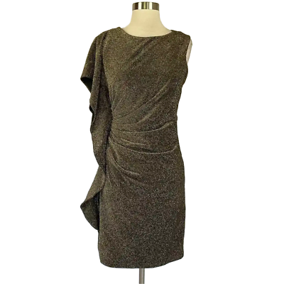 #ad Vince Camuto Women#x27;s Cocktail Dress Size 14 Gold Metallic Knit Ruffled Sheath $49.99