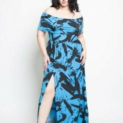 #ad Quum Women#x27;s Off The Shoulder Blue Print Maxi Dress 1XL $30.00
