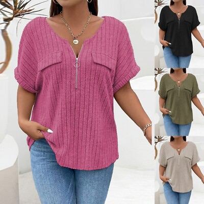 #ad Plus Size Womens Ribbed V Neck Tunic Tops Tee Short Sleeve T Shirt Blouse Shirt $23.68
