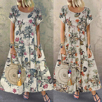 #ad Plus Size Womens Floral Boho Maxi Dress Short Sleeve Summer Kaftan Long Sundre $5.89