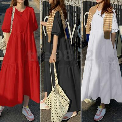 #ad US STOCK Women#x27;s Linen Cotton Short Sleeve Elastic Cuff Pockets Long Maxi Dress $25.17