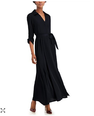 Inc Long Maxi Button Shirtdress with Tie Belt Roll Tab 3 4 Sleeves BLACK Size 10 $39.99