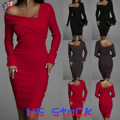 #ad Women#x27;s Sexy One Shoulder Long Sleeve Bodycon Jumper Dress V Neck Party Dresses $24.69