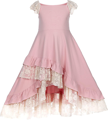 #ad Girls Elegant Ruffle Flowy Boho Maxi Dress Lace Fly Sleeve Aling Swing Twirly Po $30.99