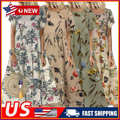 #ad Plus Size Womens Floral Boho Maxi Dress Short Sleeve Summer Kaftan Long Sundress $17.00