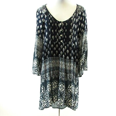 #ad Altar#x27;d State Size M Blue White Boho Dress Pintuck Bell Sleeves Gauzy High Low $17.59