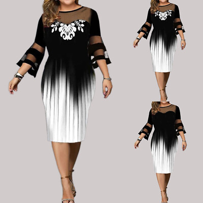 #ad Plus Size Womens Mesh Print 3 4 Sleeve Midi Dress Ladies Party Cocktail Dresses $27.77