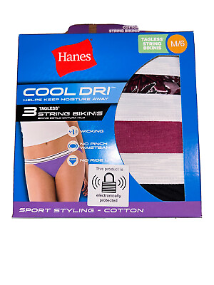 #ad #ad M 6 Hanes 3 Pack Cool Dri Tagless Cotton String Bikini Panties Assort $9.27