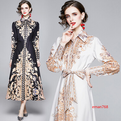 Women Spring Autumn Floral Print Collared Long Sleeve Dresses Party Maxi Dresses $59.33