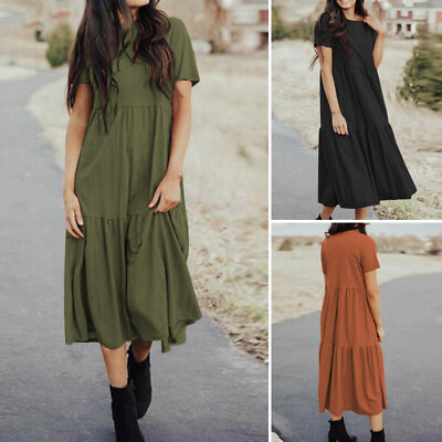 ZANZEA Womens 100%Cotton Short Sleeve Loose Waist Plain Swing Long Maxi Dress US $21.75