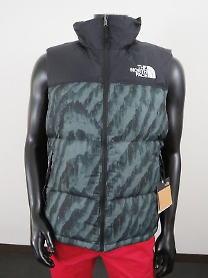 Mens The North Face Print Nuptse 700 Down Insulated FZ Puffer Vest Green Tiger $155.97
