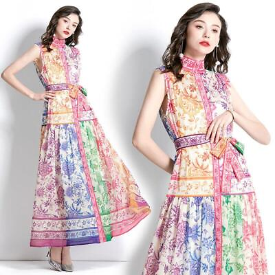 #ad Women Summer Fall Floral Print Collar Belt Sleeveless Casual Party Maxi Dresses $56.36