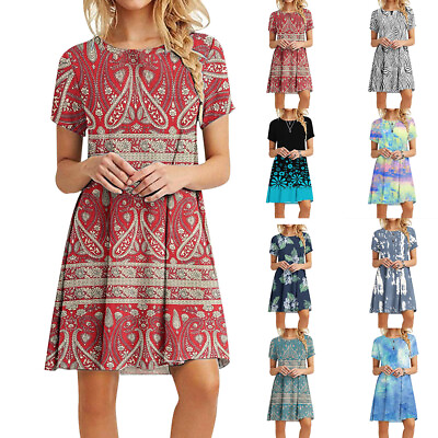 #ad Boho Women Print A Line Short Sleeve Dress Ladies Casual Loose Mini Dress Summer $19.09