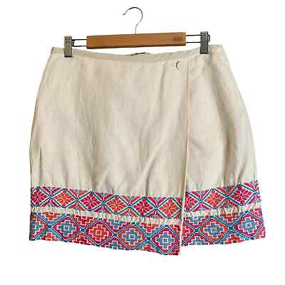 #ad Tory Burch Skirt Ivory Linen Embroidered Aztec Print Mini Boho Preppy Minimalist $39.99