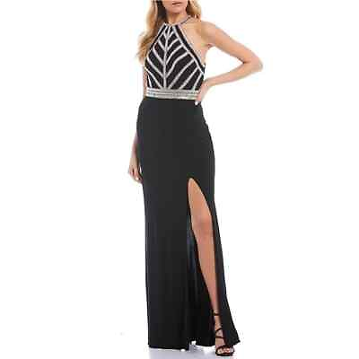 #ad New Blondie Nites Halter Neck Beaded Trim Side Slit Long Maxi Dress Black 5 6 $34.30