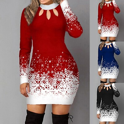 #ad Womens Christmas Snowflake Print Ladies Xmas Santa Long Sleeve Hollow Mini Dress $24.02