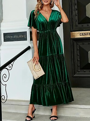 #ad Green Velvet Ruffle Hem Maxi Dress Size M $55.00