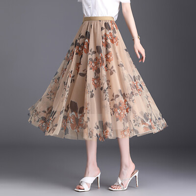 #ad #ad Women Floral Mesh Skirt Midi A line Big Swing Tulle Bohemia Summer Beach Casual $14.81