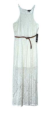 #ad #ad Ivory Belted Lace Maxi Dress w Mini Tank Dress Lining Womens Size SMALL $28.49
