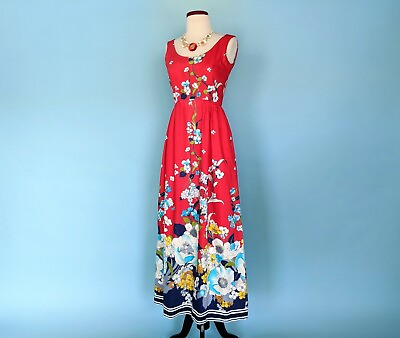 #ad Vintage 70s Victor Costa Red Floral Maxi Dress 1970s Long Cotton Sundress $148.00