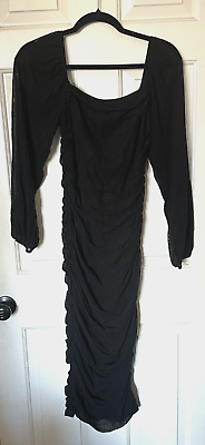 #ad Long Sleeve Black Cocktail Dress Size M Ruched Dress Sheer Sleeves Flattering $17.99