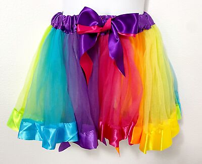 #ad Child’s Elastic Waist Tulle Ribbon Bright Rainbow Tutu Skirt Size L $7.99