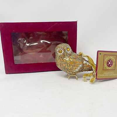 #ad Vintage Dillard’s Collectible Cloisonné Owl Christmas Ornament Gold Bird W Box $24.99