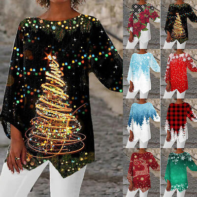 Plus Size Women Christmas Print Long Sleeve Shirt Tops Casual Loose Pullover Tee $17.09