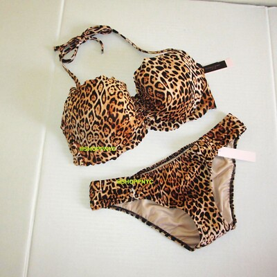 #ad VICTORIAS SECRET SWIM Demi Bikini Set 38C Ruched Hipster Bottom M L XL Leopard $49.95