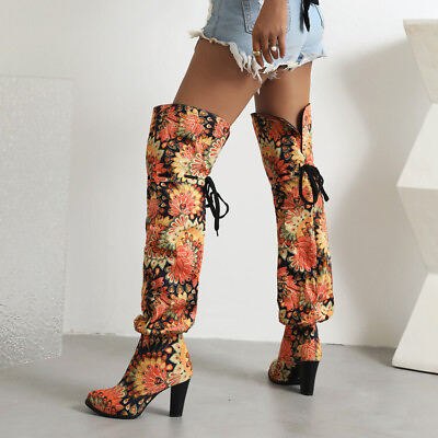 #ad #ad Women Riding Block Heel Wide Calf Boots Western Shoes Runway Thigh High Boots $59.93