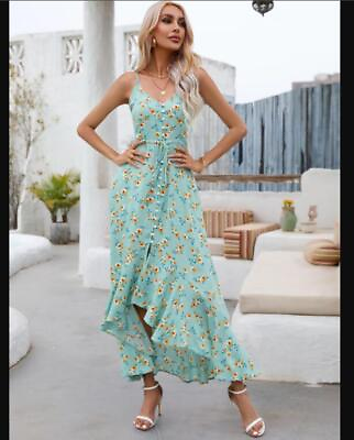 #ad Women#x27;s Fashion Floral Spaghetti Straps Buttons Irregular Long Beach Dress 9252 $23.91