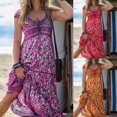 #ad Womens Summer Beach Boho Sun Dress Ladies Holiday V Neck Maxi Dress❀ $15.76
